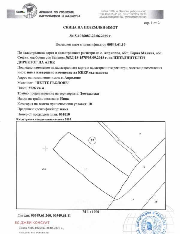 Продава земеделска земя, с. априлово, област софия област