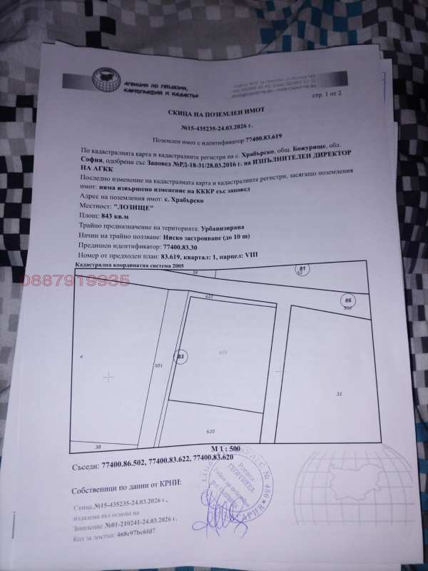Продава парцел, с. храбърско, област софия област