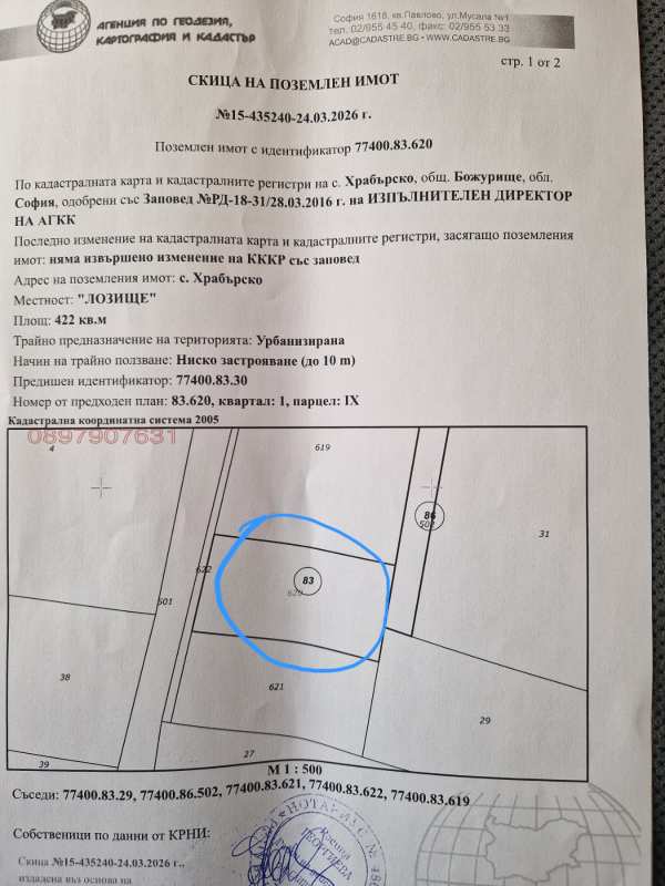 Продава парцел, с. храбърско, област софия област